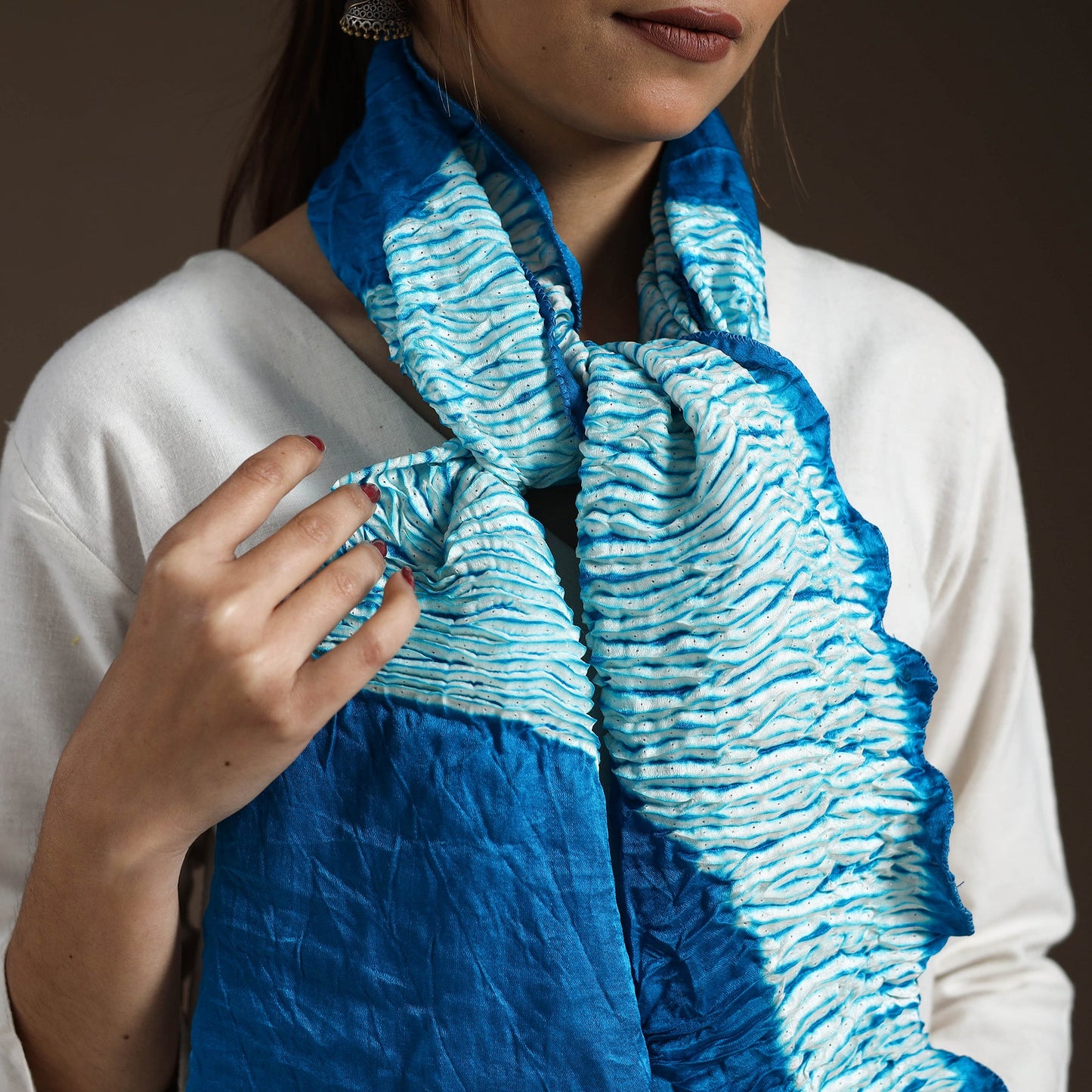 Blue - tie & dye gajji silk shibori stole 14 - handcrafted