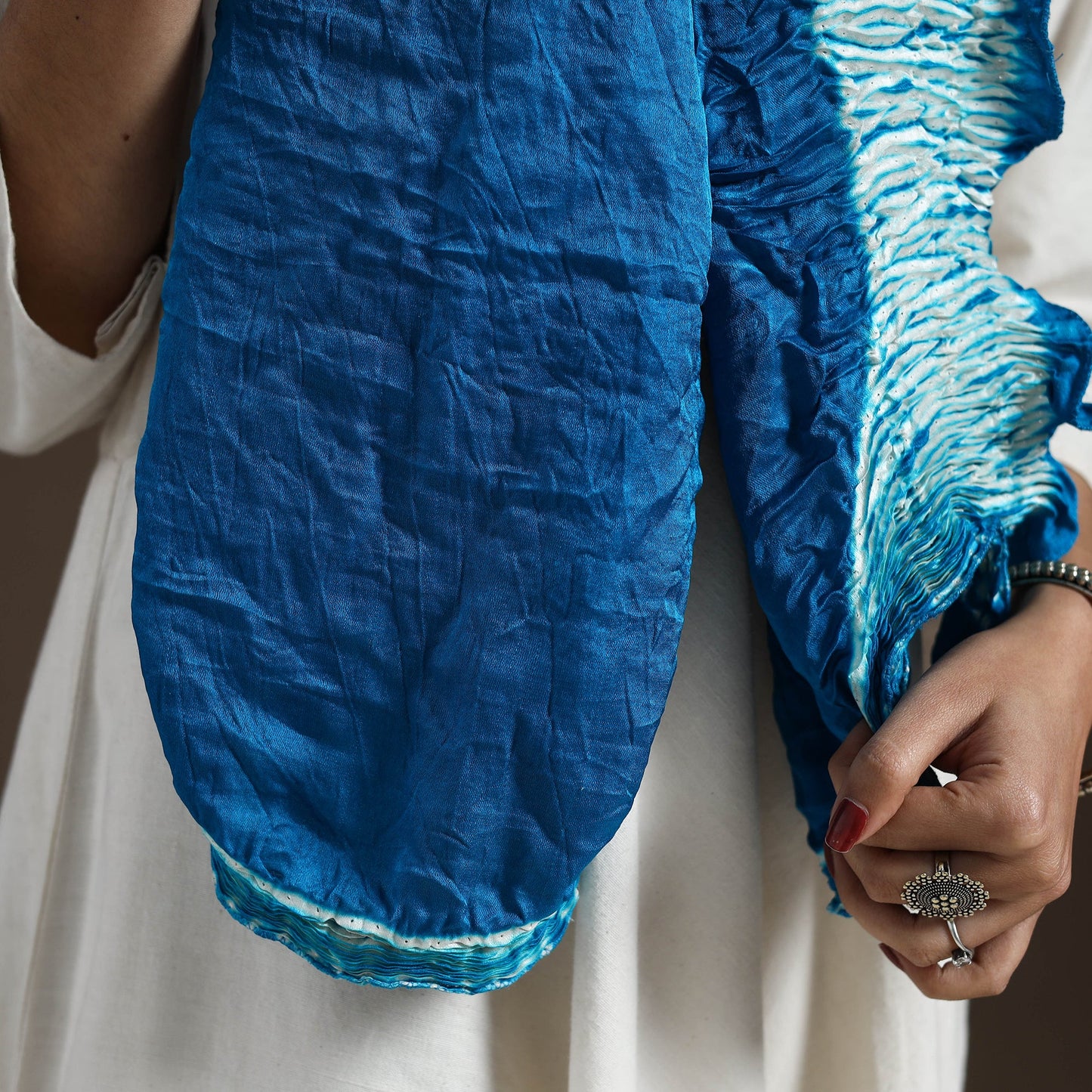 Blue - tie & dye gajji silk shibori stole 14 - handcrafted