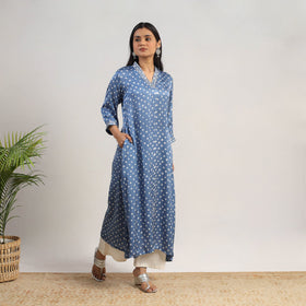 Blue Tie & dye Modal Silk Straight Bandhani Kurta for Women