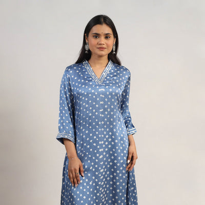Blue Tie & dye Modal Silk Straight Bandhani Kurta for Women