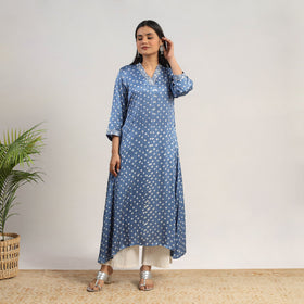 Blue Tie & dye Modal Silk Straight Bandhani Kurta for Women