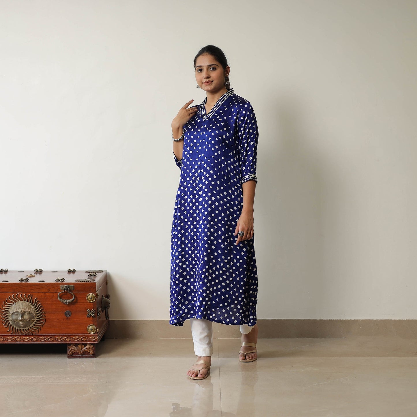 Buy Blue Tie & dye Modal Silk Straight Bandhani Kurta