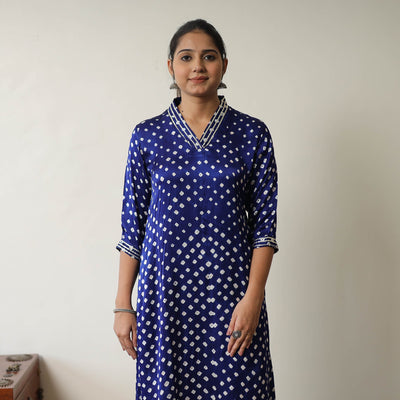 Buy Blue Tie & dye Modal Silk Straight Bandhani Kurta