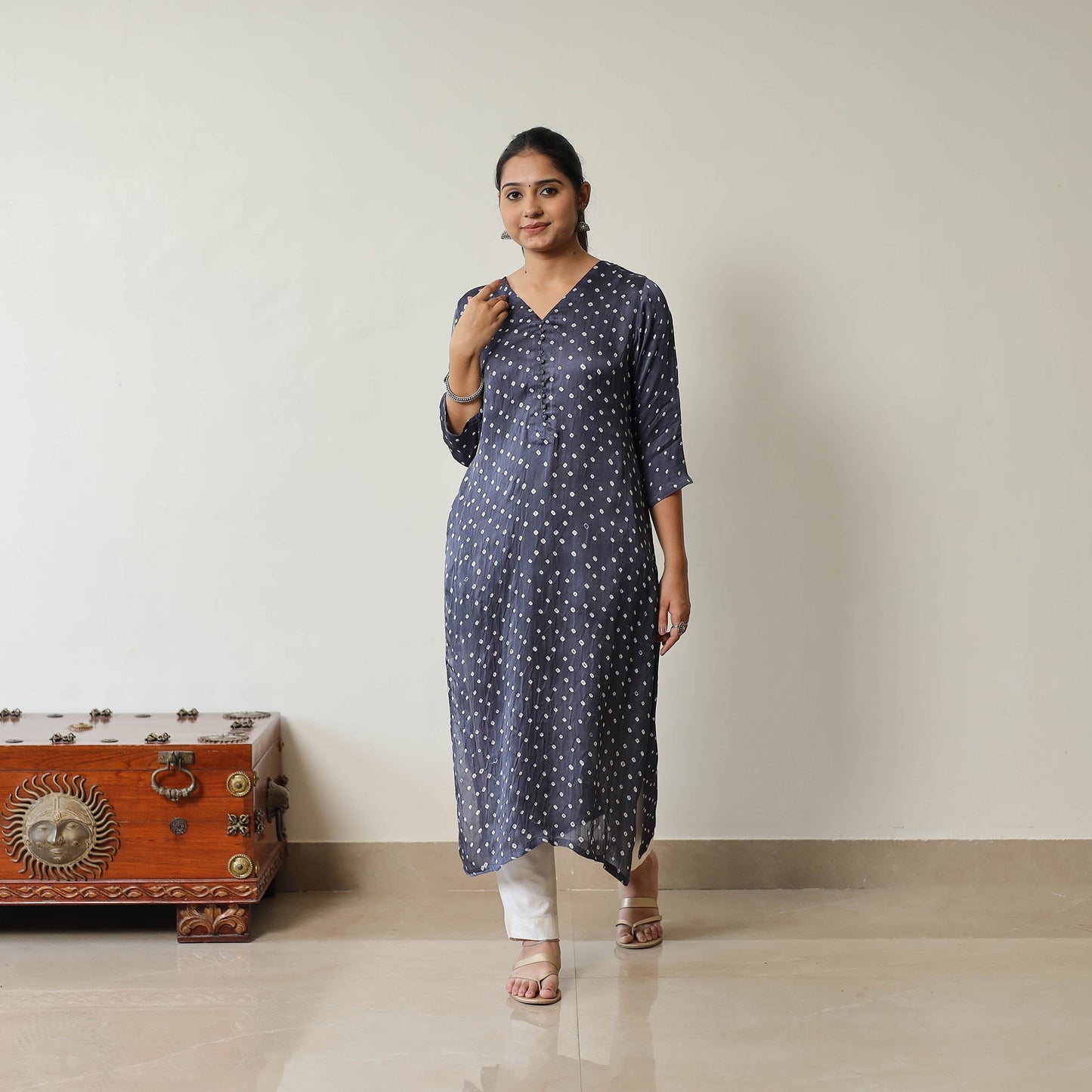 Blue Tie & dye Modal Silk Straight Bandhani Kurta for Women