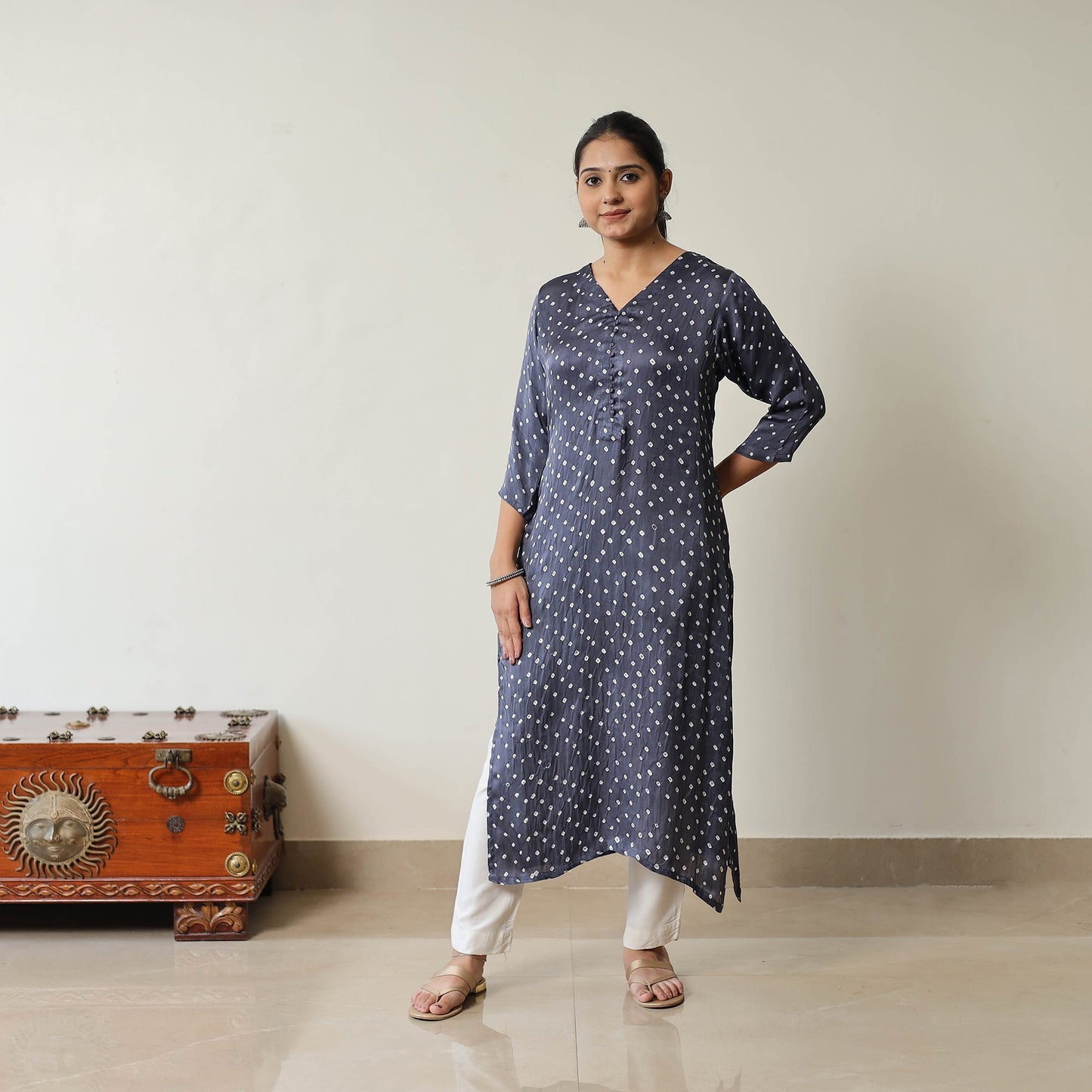 Blue Tie & dye Modal Silk Straight Bandhani Kurta for Women