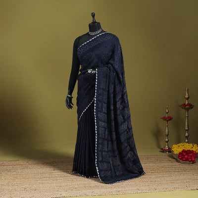 Blue - tie-dye muga silk kutch bandhani saree - handcrafted