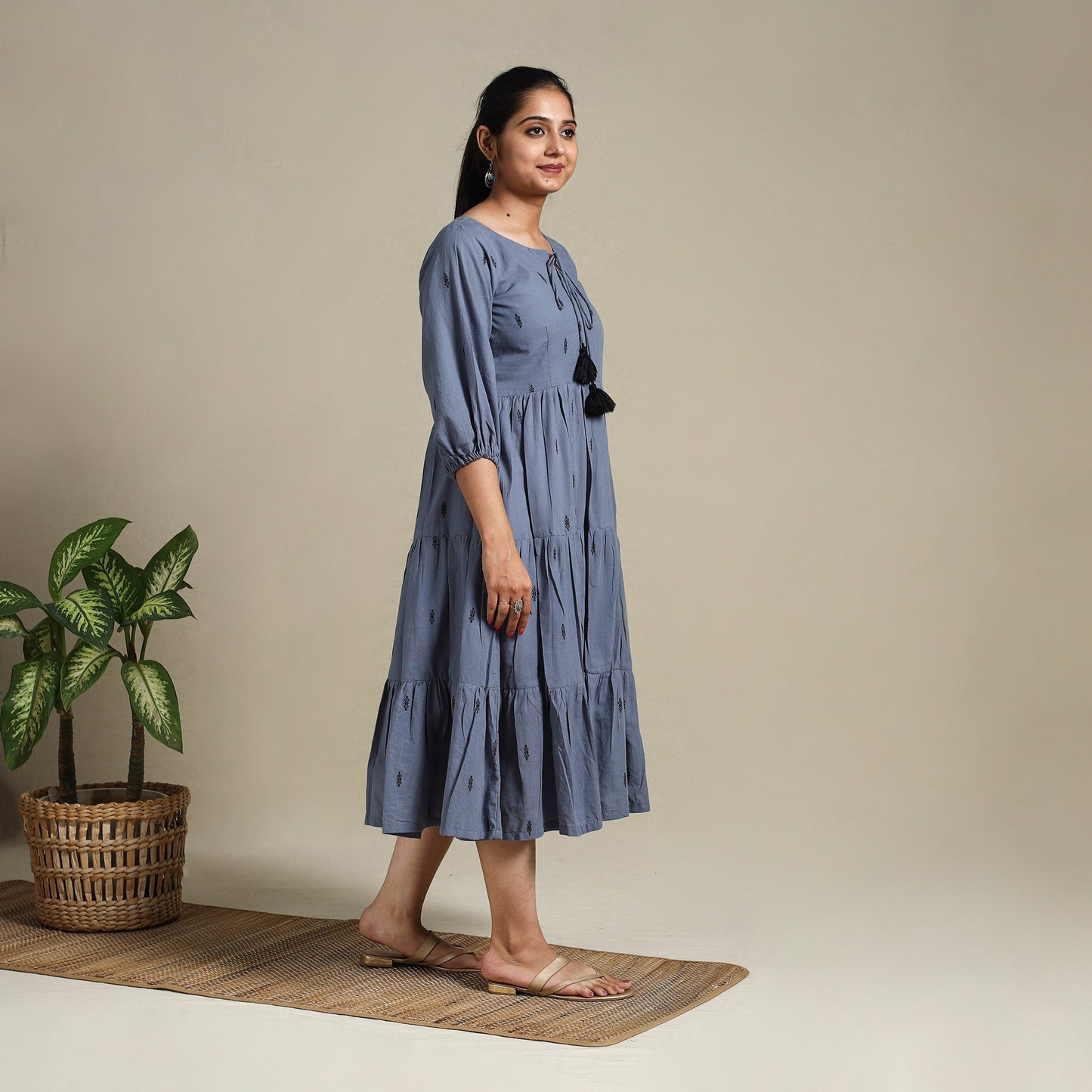 Yellow Tiered Fit & Flare Cotton Green Jacquard Dress