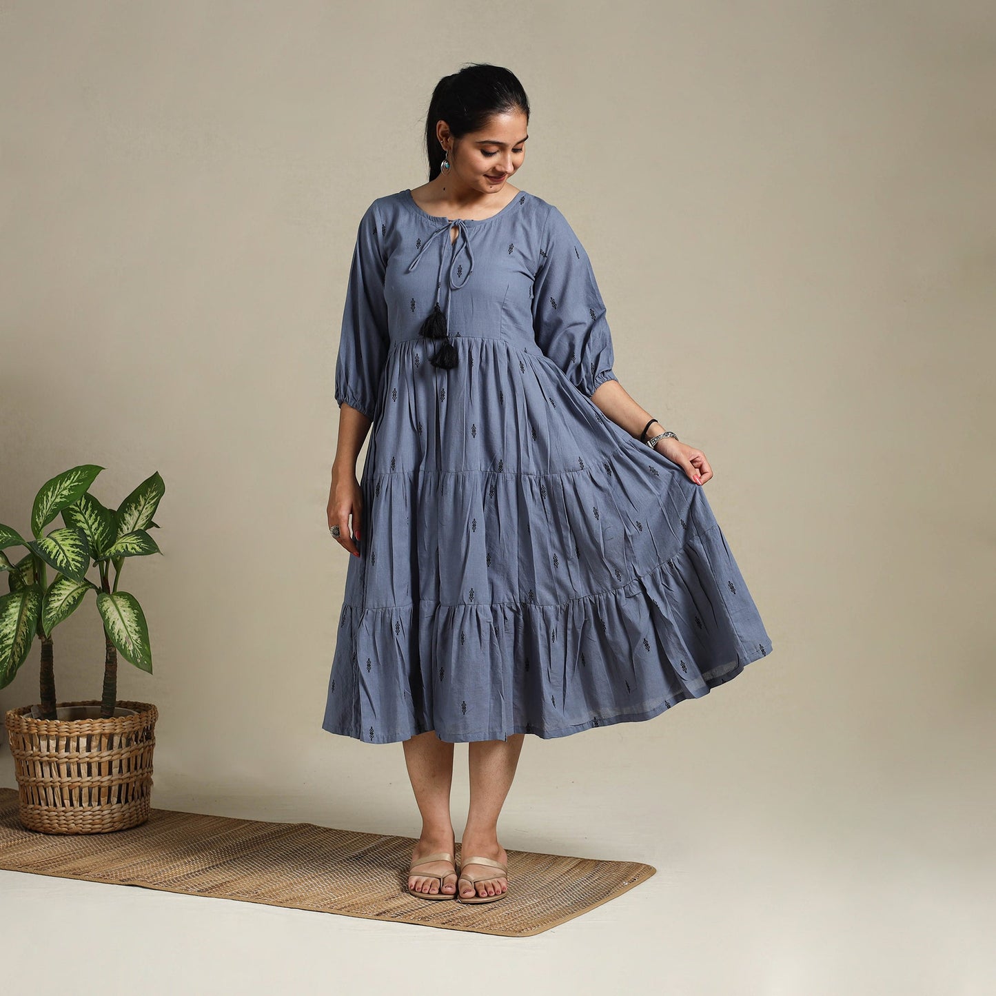 Yellow Tiered Fit & Flare Cotton Green Jacquard Dress
