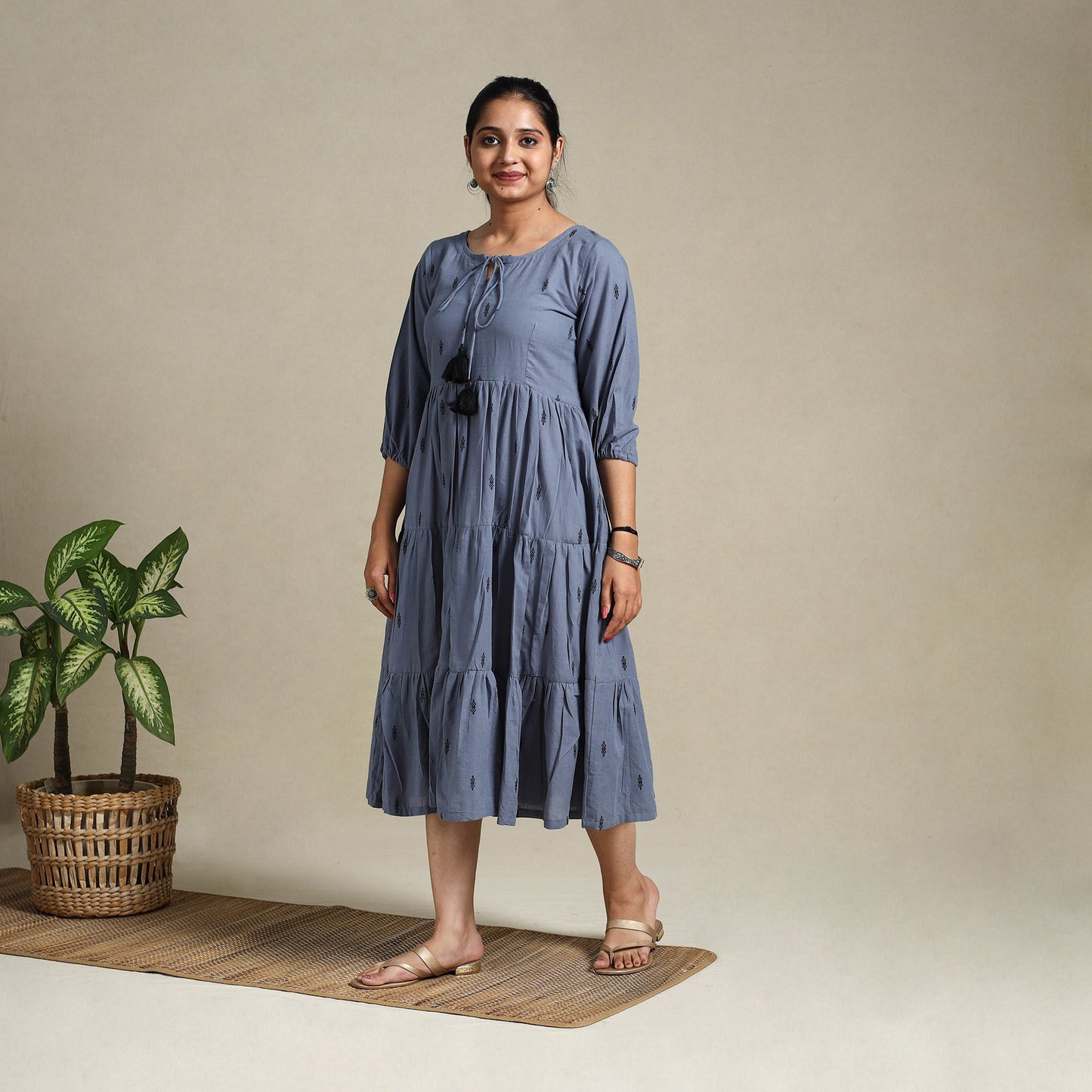 Yellow Tiered Fit & Flare Cotton Green Jacquard Dress