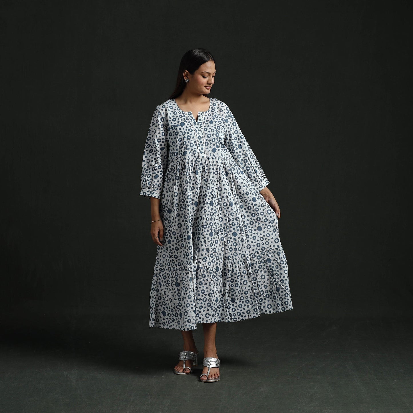 Tiered flared lace work cotton hand block batik print dress