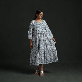 Tiered flared lace work cotton hand block batik print dress