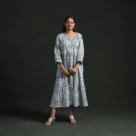 Tiered flared lace work cotton hand block batik print dress