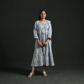Tiered flared lace work cotton hand block batik print dress