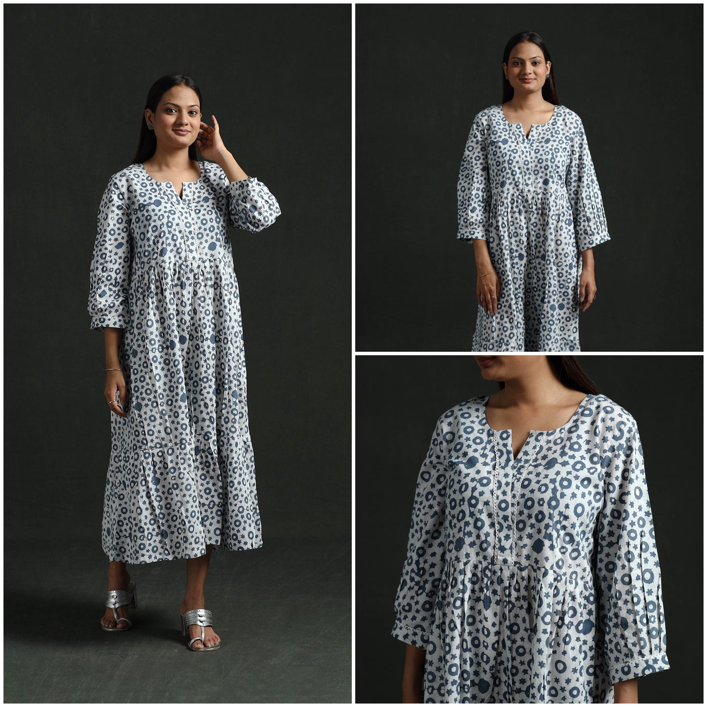 Tiered flared lace work cotton hand block batik print dress