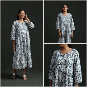Tiered flared lace work cotton hand block batik print dress