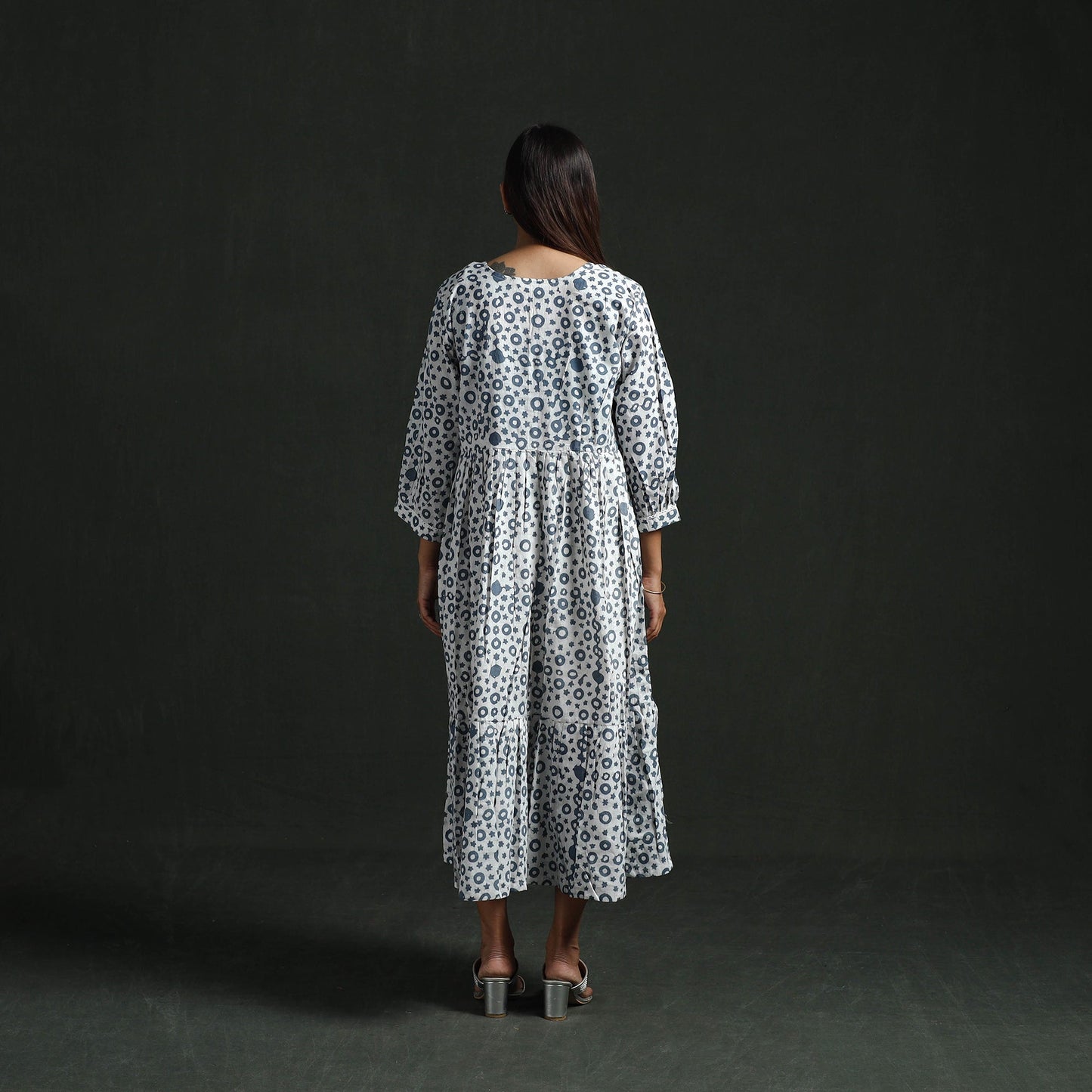 Tiered flared lace work cotton hand block batik print dress