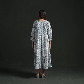 Tiered flared lace work cotton hand block batik print dress