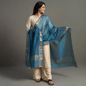 Blue - Traditional Chanderi Silk Handloom Zari Stripe Dupatta with Tassels 61