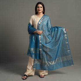 Blue - Traditional Chanderi Silk Handloom Zari Stripe Dupatta with Tassels 61