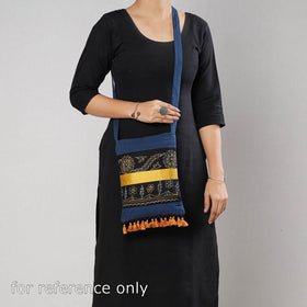 Blue Traditional Rogan Hand Painted Cotton Bead Work Sling Bag with Tassles