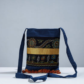 Blue Traditional Rogan Hand Painted Cotton Bead Work Sling Bag with Tassles