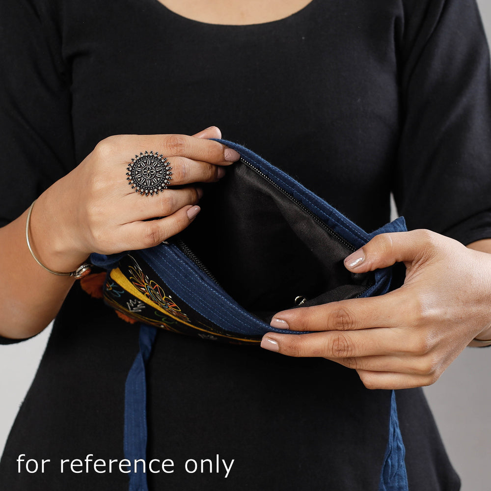 Blue Traditional Rogan Hand Painted Cotton Bead Work Sling Bag with Tassles