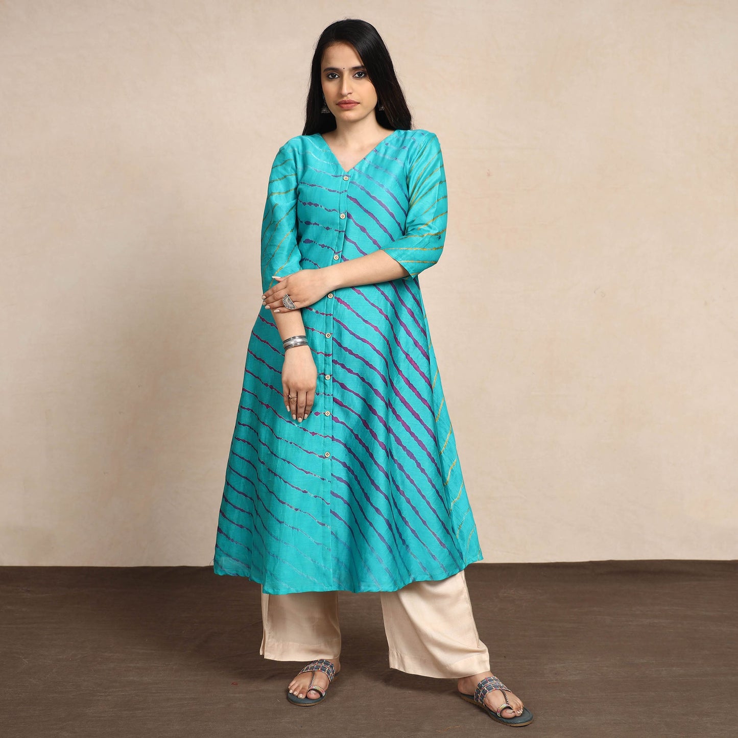 Blue - turquoise leheriya tie-dye chanderi silk a-line long