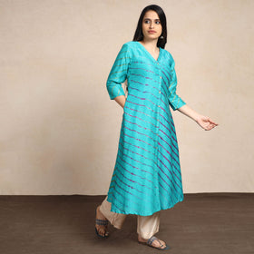 Blue - turquoise leheriya tie-dye chanderi silk a-line long