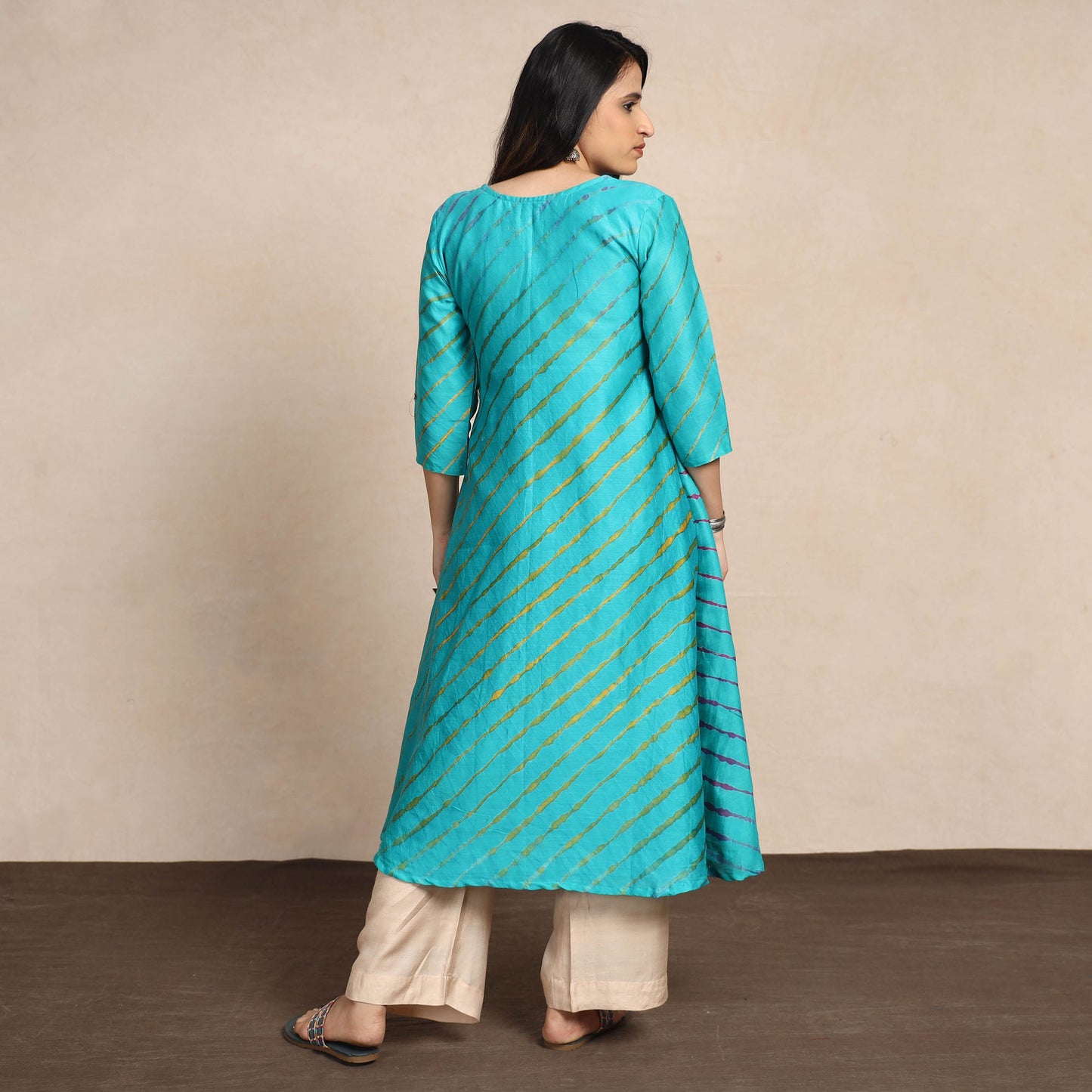 Blue - turquoise leheriya tie-dye chanderi silk a-line long