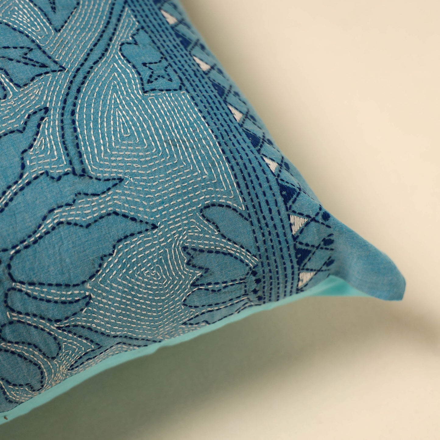 Buy Blue Tussar Silk Bengal Kantha Work Cushion Cover