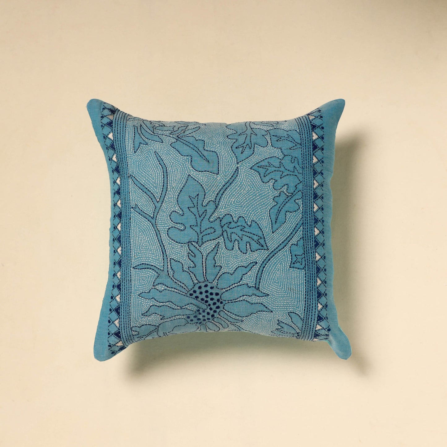 Buy Blue Tussar Silk Bengal Kantha Work Cushion Cover