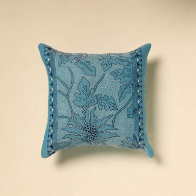 Buy Blue Tussar Silk Bengal Kantha Work Cushion Cover