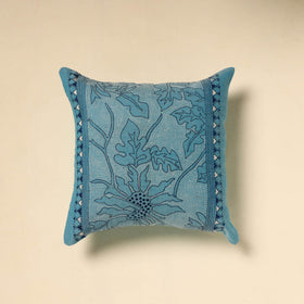 Buy Blue Tussar Silk Bengal Kantha Work Cushion Cover