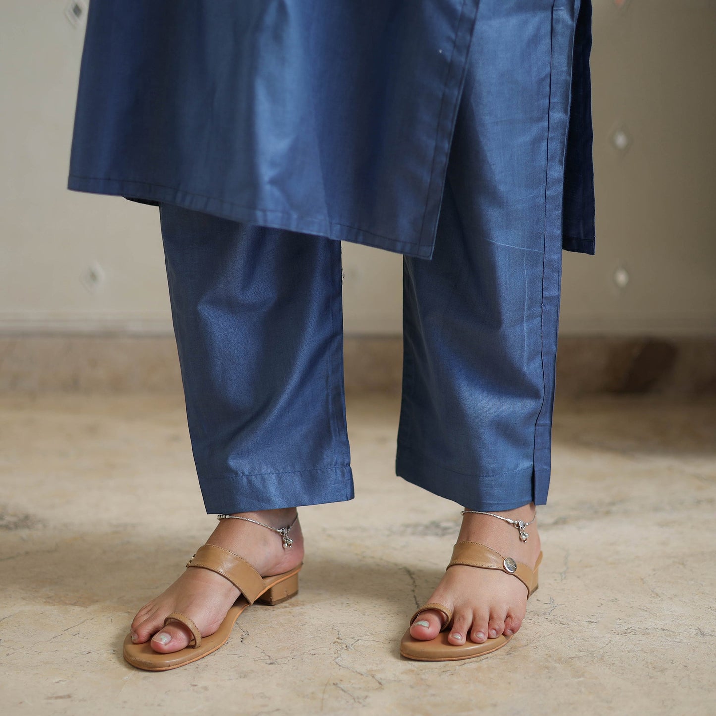  Blue Tussar Silk Cotton Handloom Plain Kurta Set