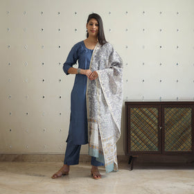  Blue Tussar Silk Cotton Handloom Plain Kurta Set