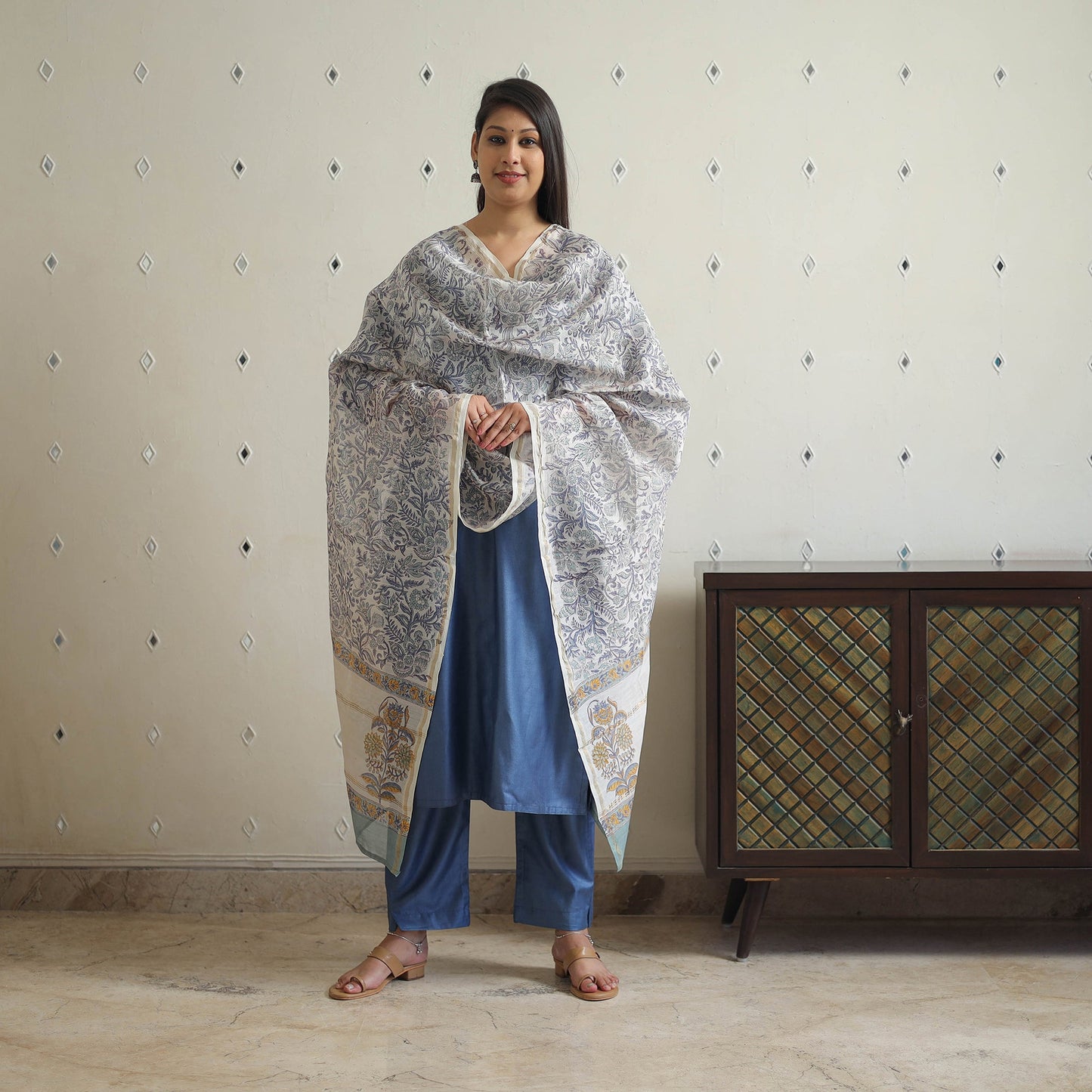  Blue Tussar Silk Cotton Handloom Plain Kurta Set