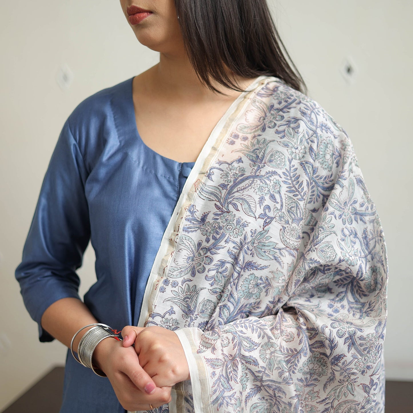  Blue Tussar Silk Cotton Handloom Plain Kurta Set