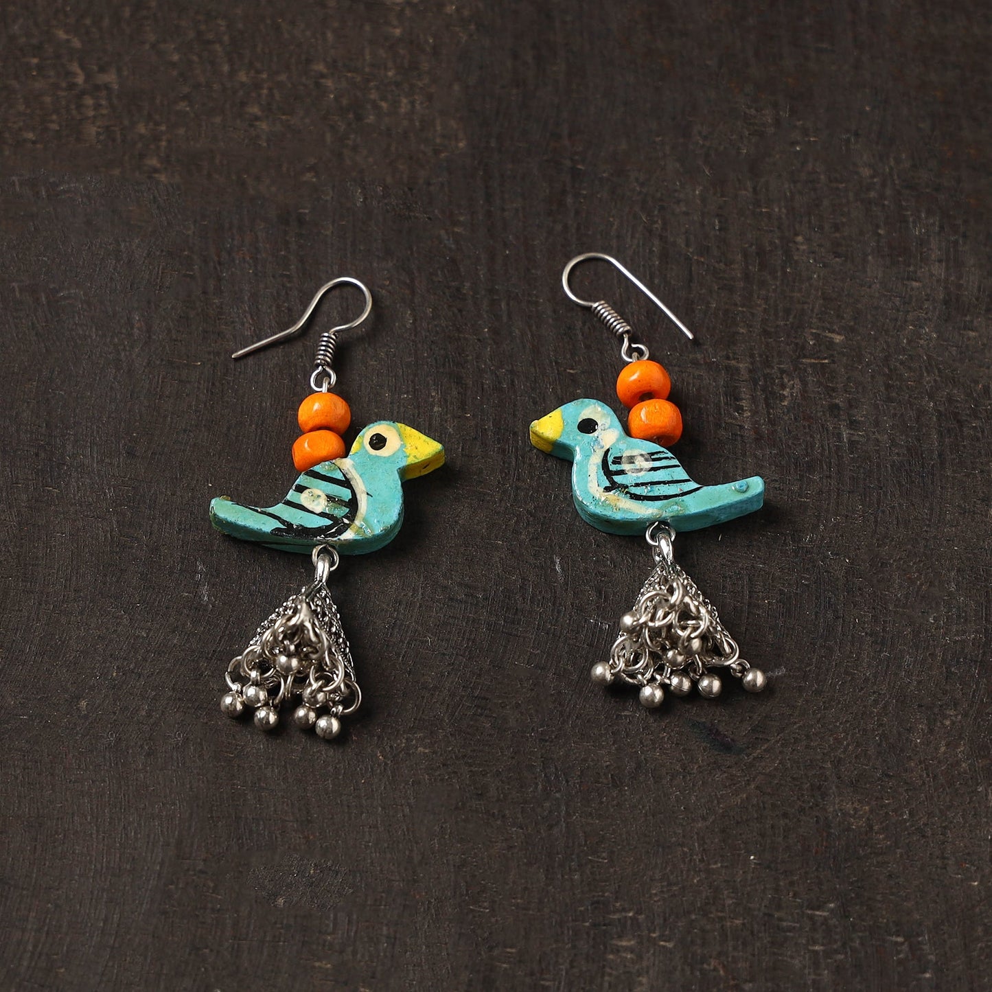 Blue - varisha german silver jhumki earrings with wooden