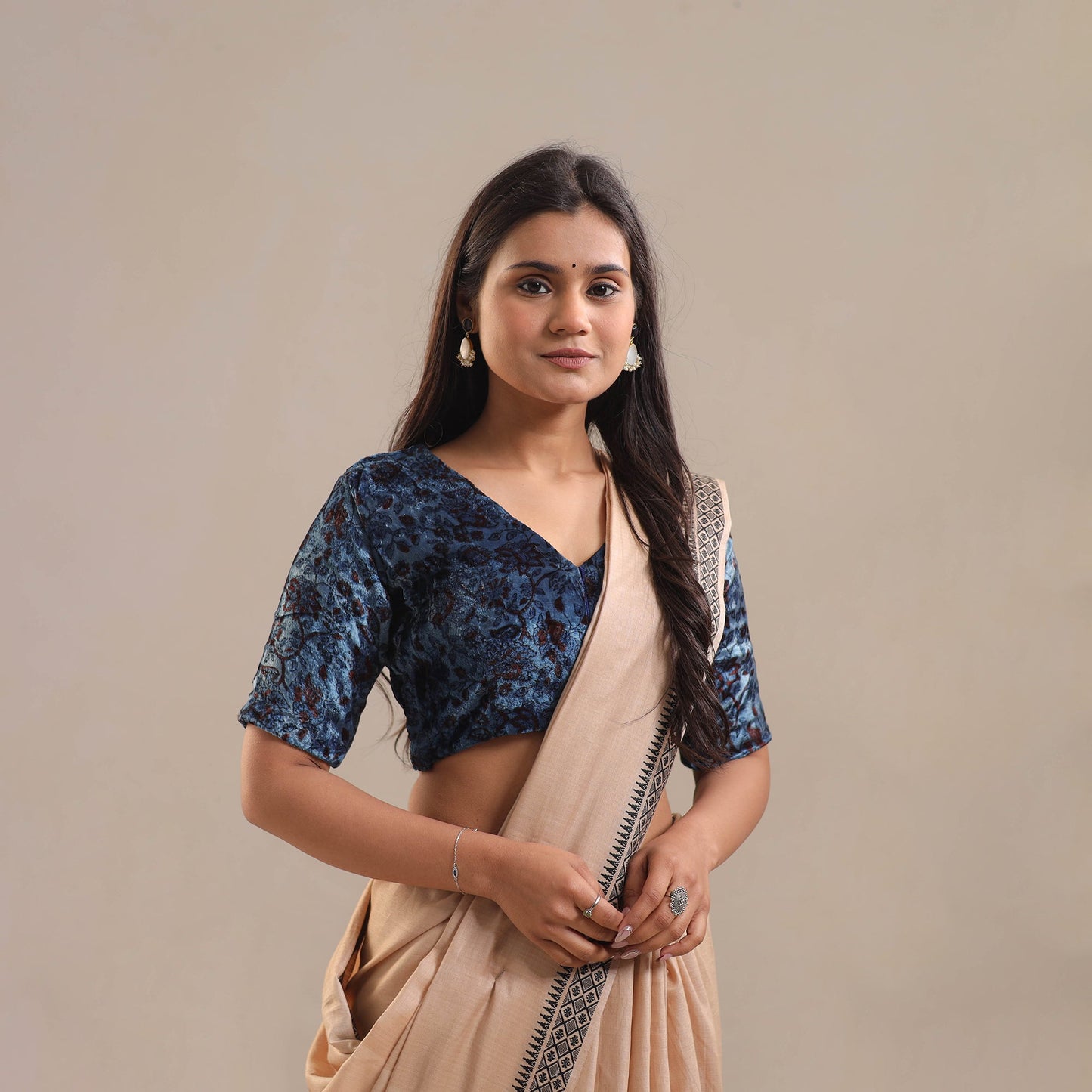 Velvet Natural Dyed Blue Ajrakh Print Blouse Online