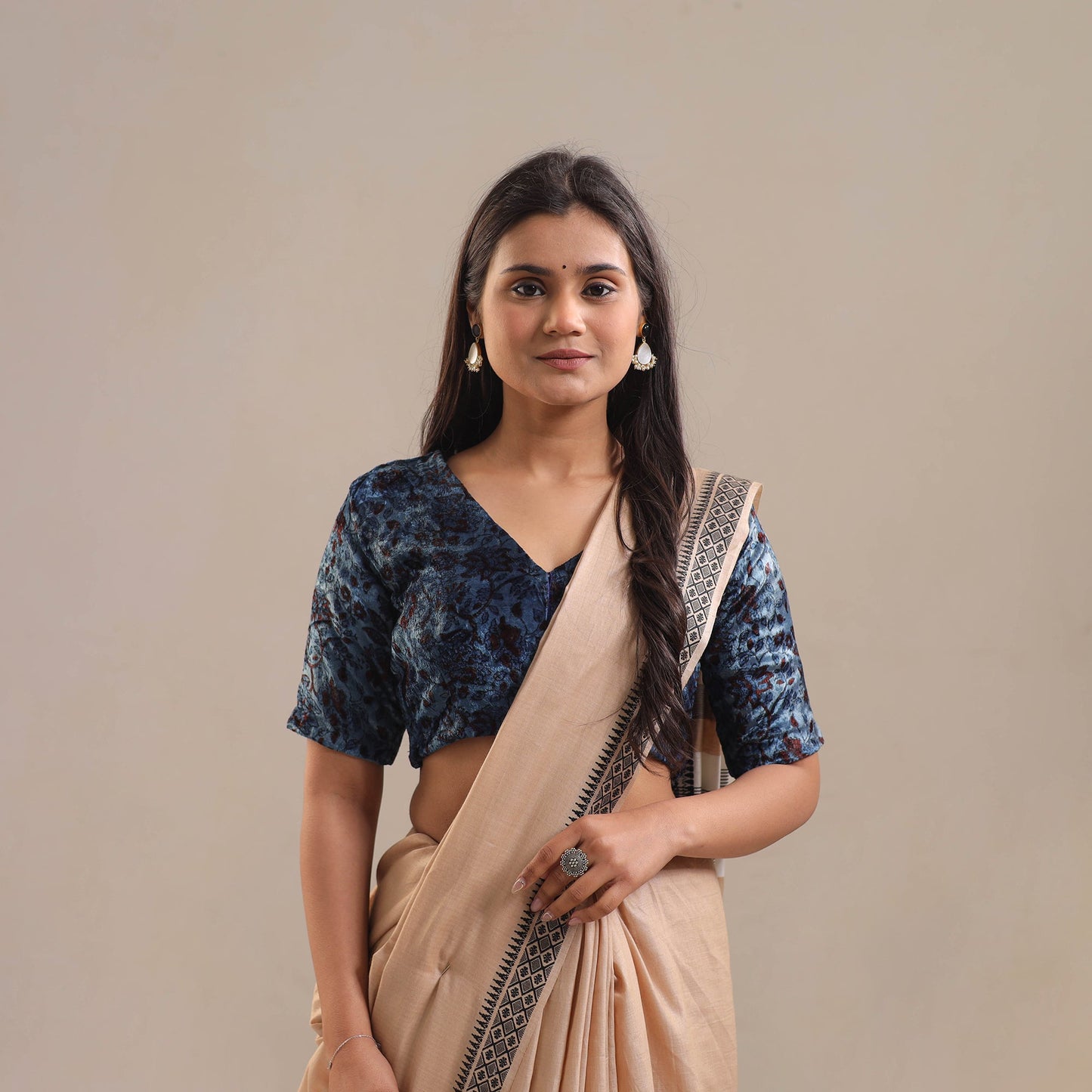 Velvet Natural Dyed Blue Ajrakh Print Blouse Online