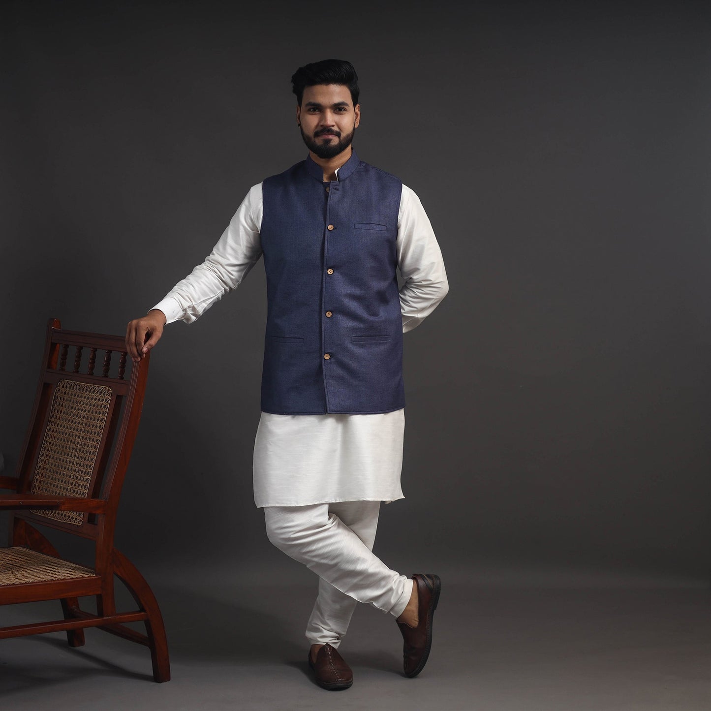 Blue - vidarbha tussar x katia silk handloom nehru jacket