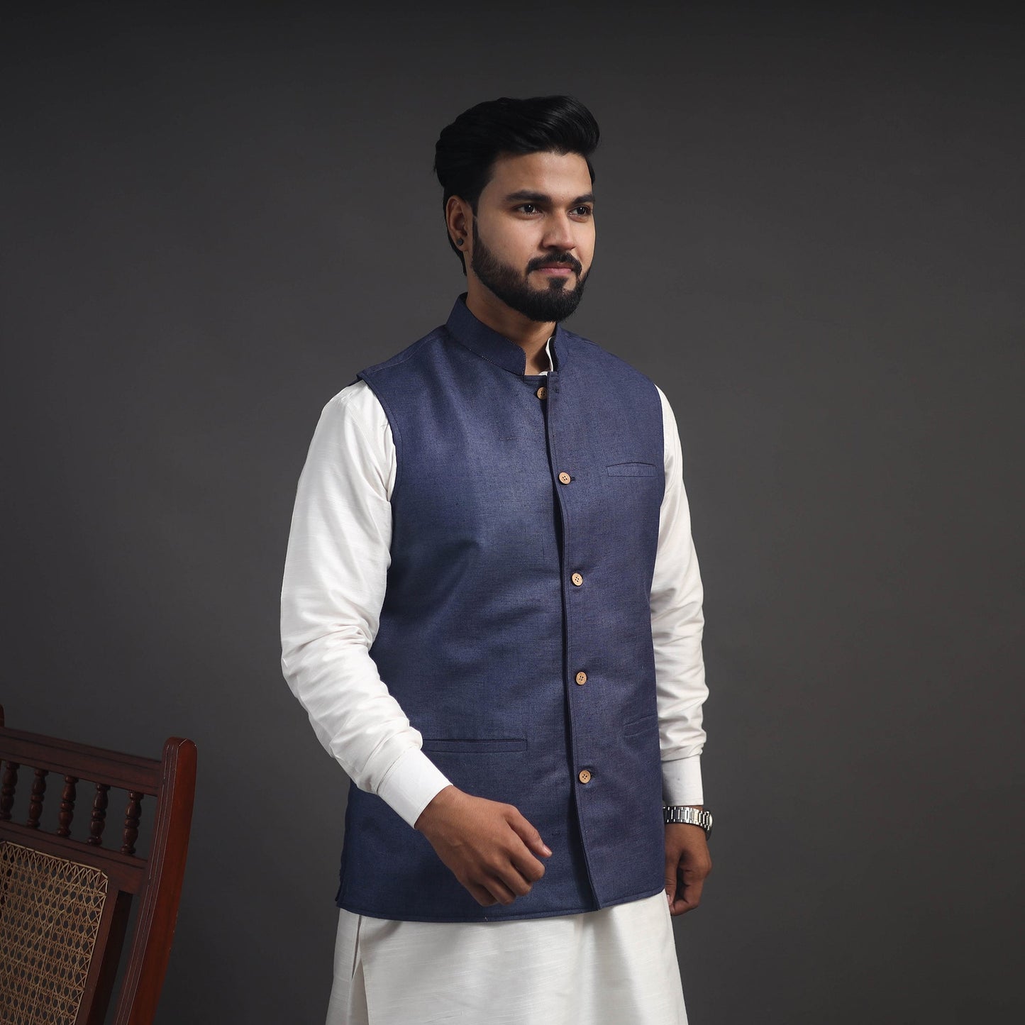 Blue - vidarbha tussar x katia silk handloom nehru jacket