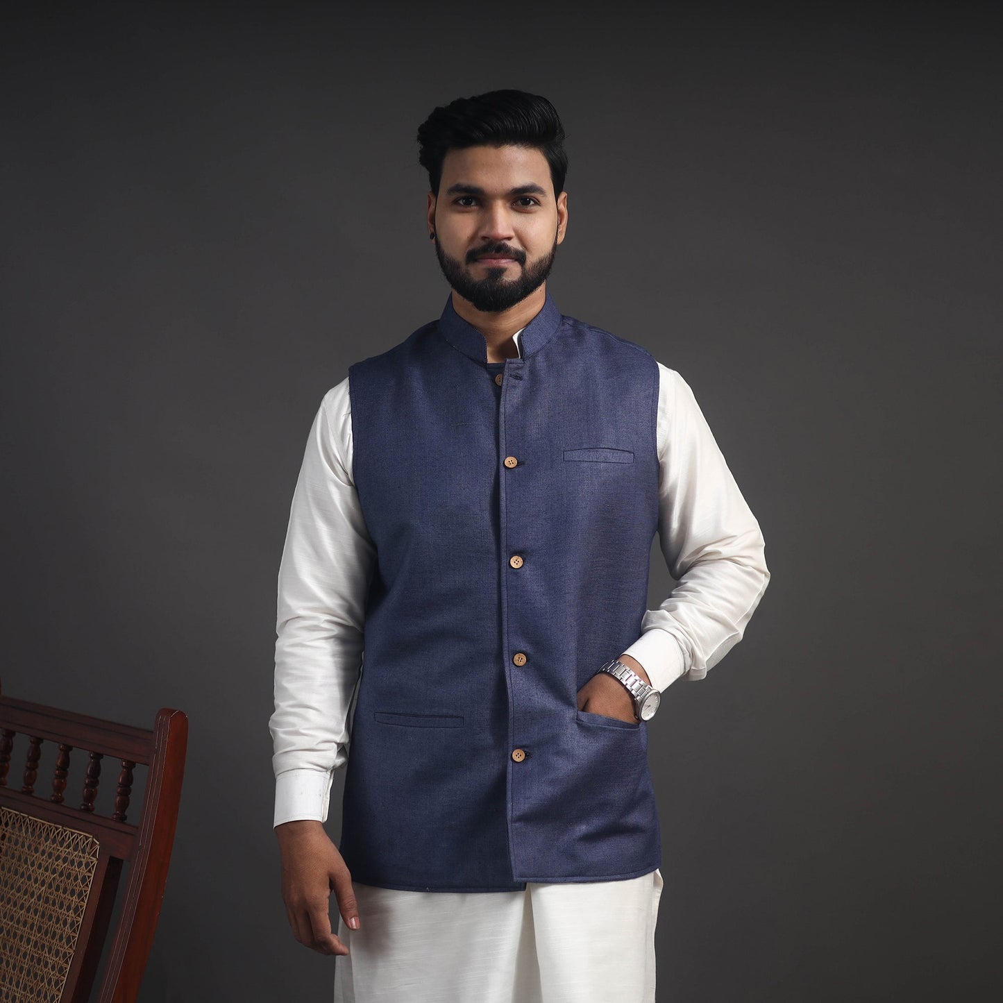 Blue - vidarbha tussar x katia silk handloom nehru jacket
