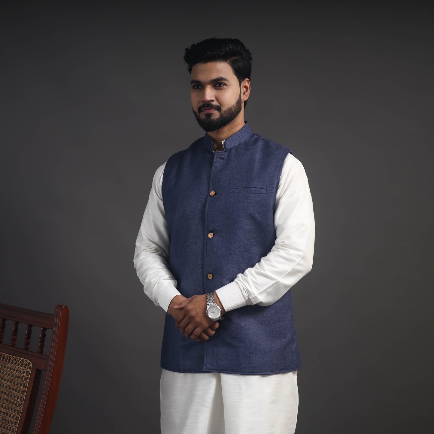 Blue - vidarbha tussar x katia silk handloom nehru jacket