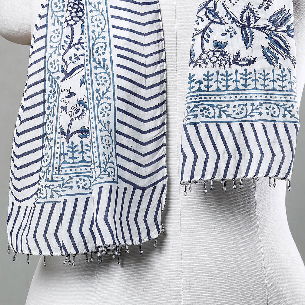 Buy White with Indigo Flowers Sanganeri Block Printed Cotton Stole with Beaded Border Online at iTokri.com