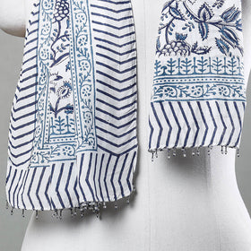 Buy White with Indigo Flowers Sanganeri Block Printed Cotton Stole with Beaded Border Online at iTokri.com