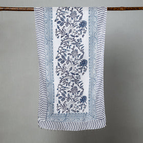 Buy White with Indigo Flowers Sanganeri Block Printed Cotton Stole with Beaded Border Online at iTokri.com