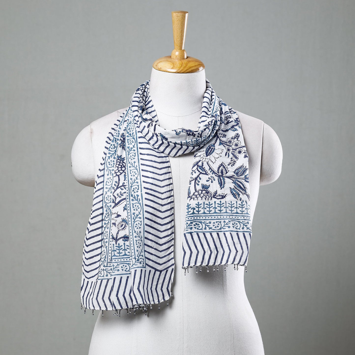 Buy White with Indigo Flowers Sanganeri Block Printed Cotton Stole with Beaded Border Online at iTokri.com
