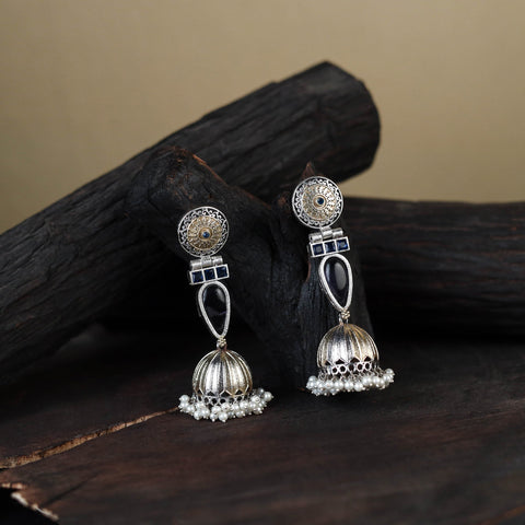 Blue - white - noor-e-jhumka classic german silver earrings