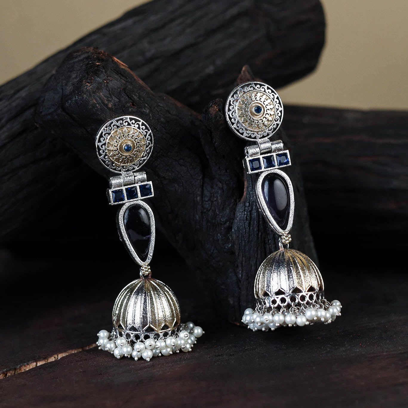 Blue - white - noor-e-jhumka classic german silver earrings